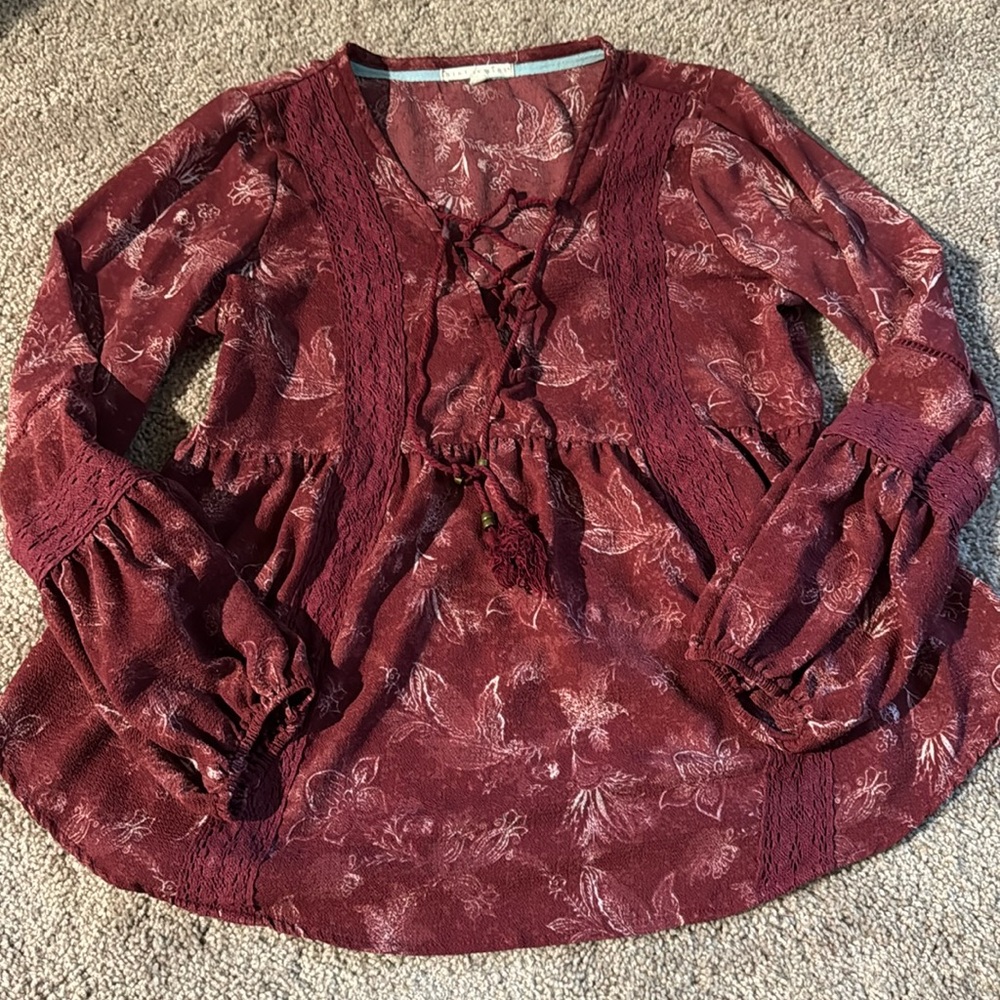 💜 3 for $10 Women's Burgundy Blouse with Floral Pattern
